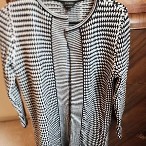 Talbots Black & White Open-Front Knit Cardigan Pure Merino Wool